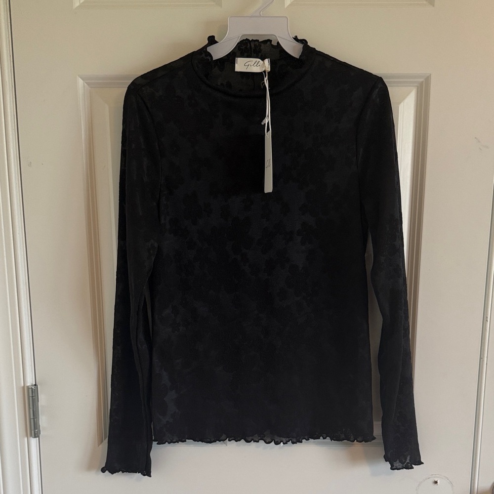 NWT Gilli Black Sheer Lace Top | Long Sleeve Romantic Mesh Blouse Medium